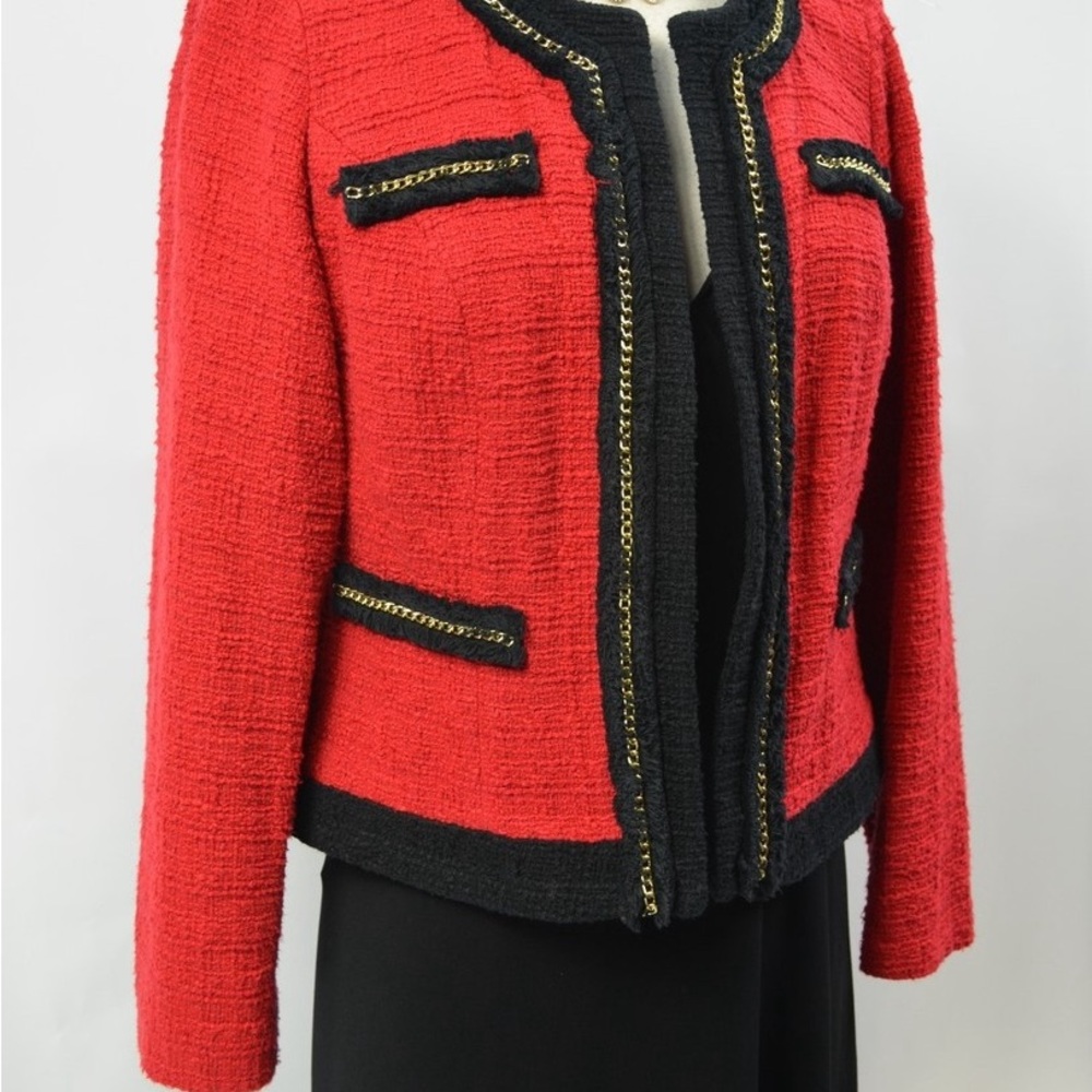 Chico's Red Tweed Blazer with Black Accents